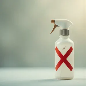 Flacone di insetticida spray con davanti una x rossa che simboleggia il divieto di utilizzo