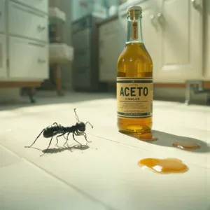 Formica vicino bottiglia di aceto rovesciata in cucina