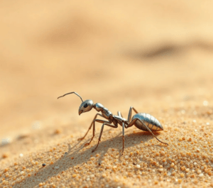 Formica d'argento su sabbia in macro ravvicinata