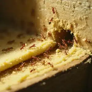 Formiche che scavano attivamente nell'isolamento termico all'interno del muro di una casa visto in sezione