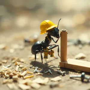 Formica nera vestita da carpentiere in miniatura