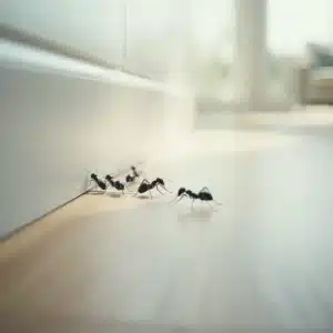 Piccole formiche nere che emergono da una stretta fessura nel battiscopa di un appartamento moderno
