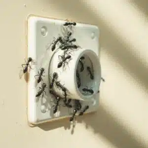 Formiche entrano in una presa elettrica bianca su una parete beige.