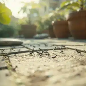 Formiche nere brulicano sul pavimento di un giardino