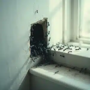 Formiche nere che emergono da un foro nel muro bianco di un appartamento