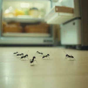 Formiche nere che brulicano sul pavimento di una cucina vicino a un frigorifero aperto