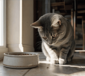 Gatto grigio osserva una formica vicino alla ciotola delle crocchette