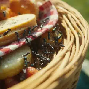formiche nere in un cestino da picnic in vimini pieno di alimenti colorati