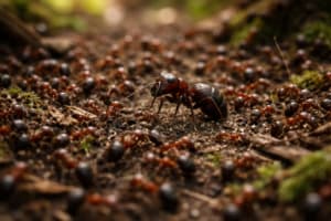 Formica grande circondata da numerose formiche piccole