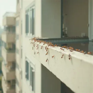 Formiche che brulicano sulla ringhiera di un balcone