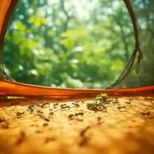 Formiche che strisciano all'interno di una tenda da campeggio arancione brillante
