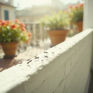 Piccole formiche nere alate che strisciano sulla superficie bianca e ruvida di un balcone soleggiato