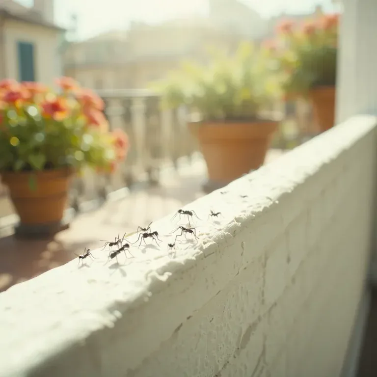 Piccole formiche nere alate che strisciano sulla superficie bianca e ruvida di un balcone soleggiato