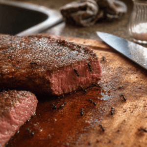 Bistecca tagliata con formiche sul tagliere