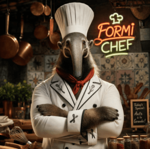 Formichiere chef in cucina con insegna neon