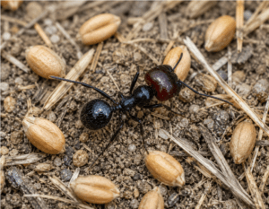 Formica Messor barbarus su terreno con chicchi di grano