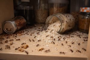 Formiche infestano riso rovesciato in dispensa