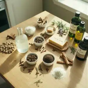 Tavolo di legno con sopra dei prodotti naturali contro le formiche
