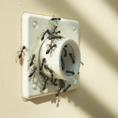 Formiche entrano in una presa elettrica bianca su una parete beige.