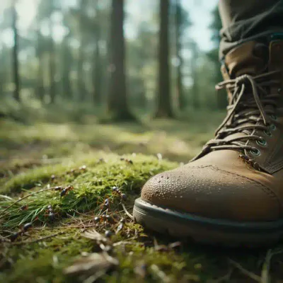 Diverse formiche strisciano vicino e intorno ai robusti scarponi da trekking di un uomo sul suolo di una foresta
